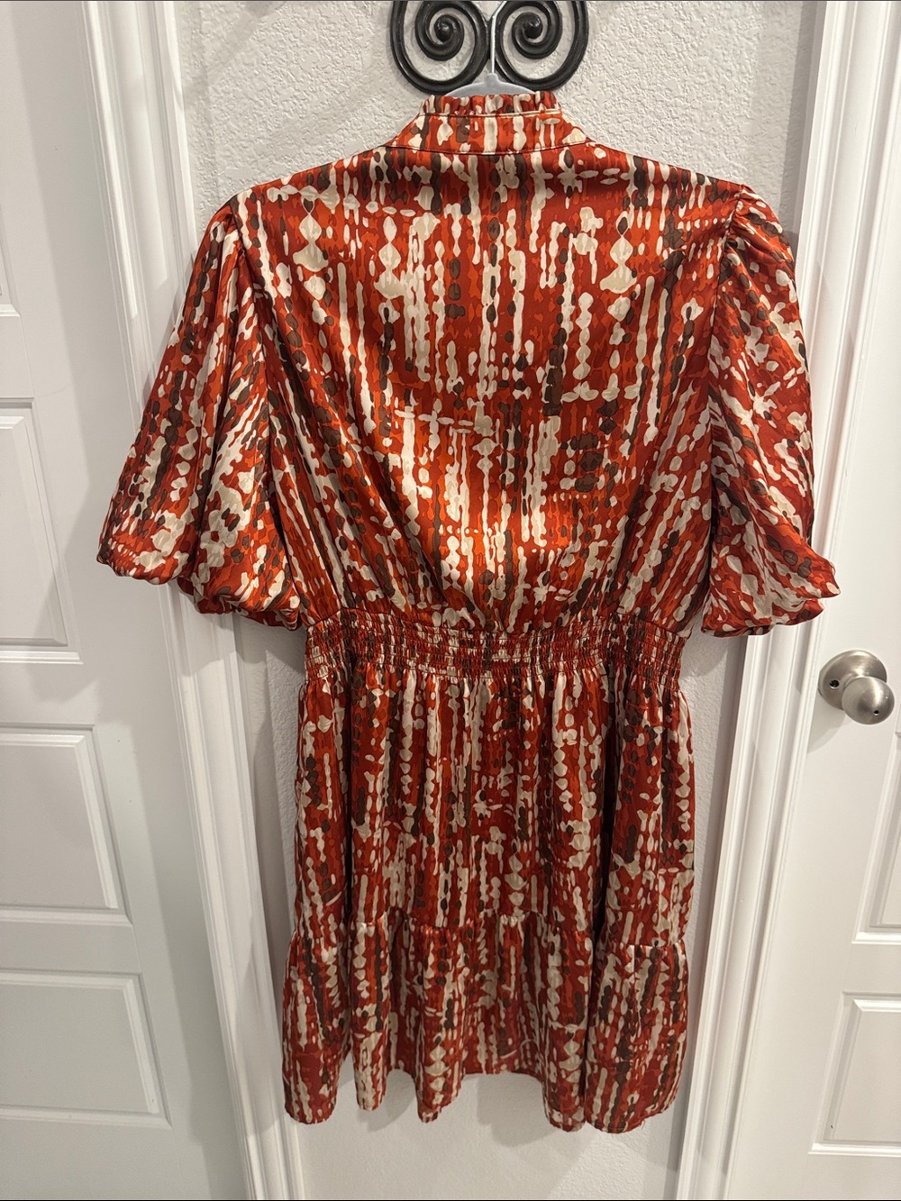 THML Rust Red & Cream Printed Puff-Sleeve Mini Dress - Picture 2 of 2